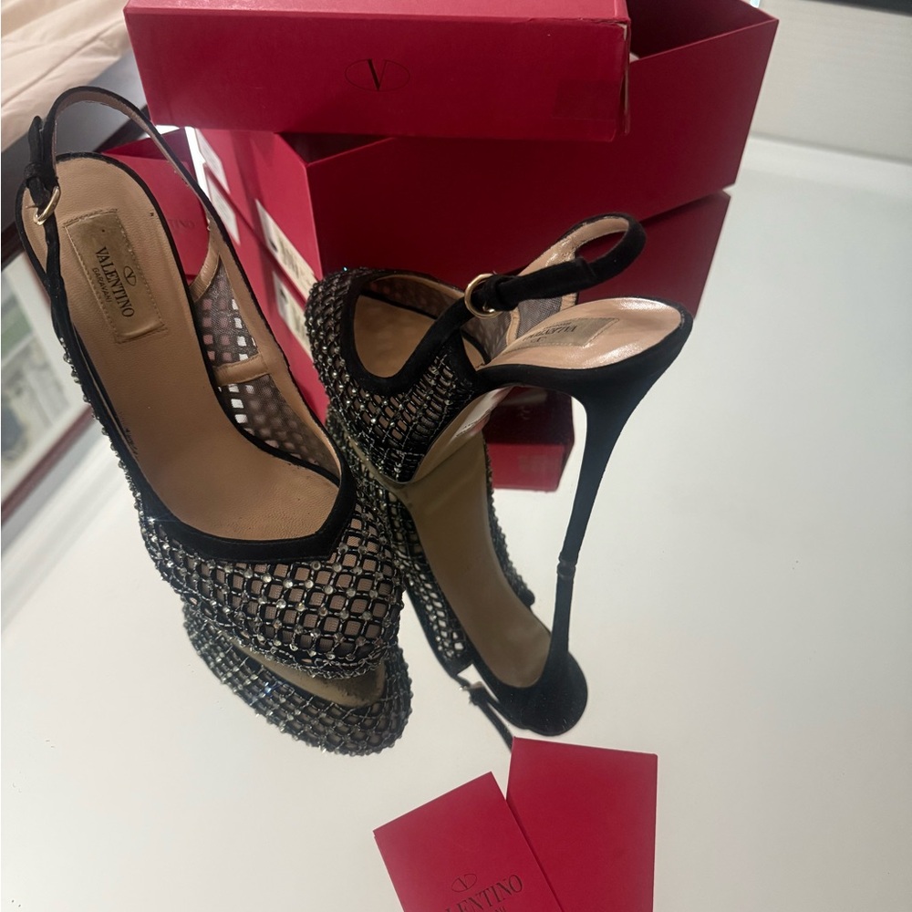 Valentino Black and Silver Mesh Slingback Heels